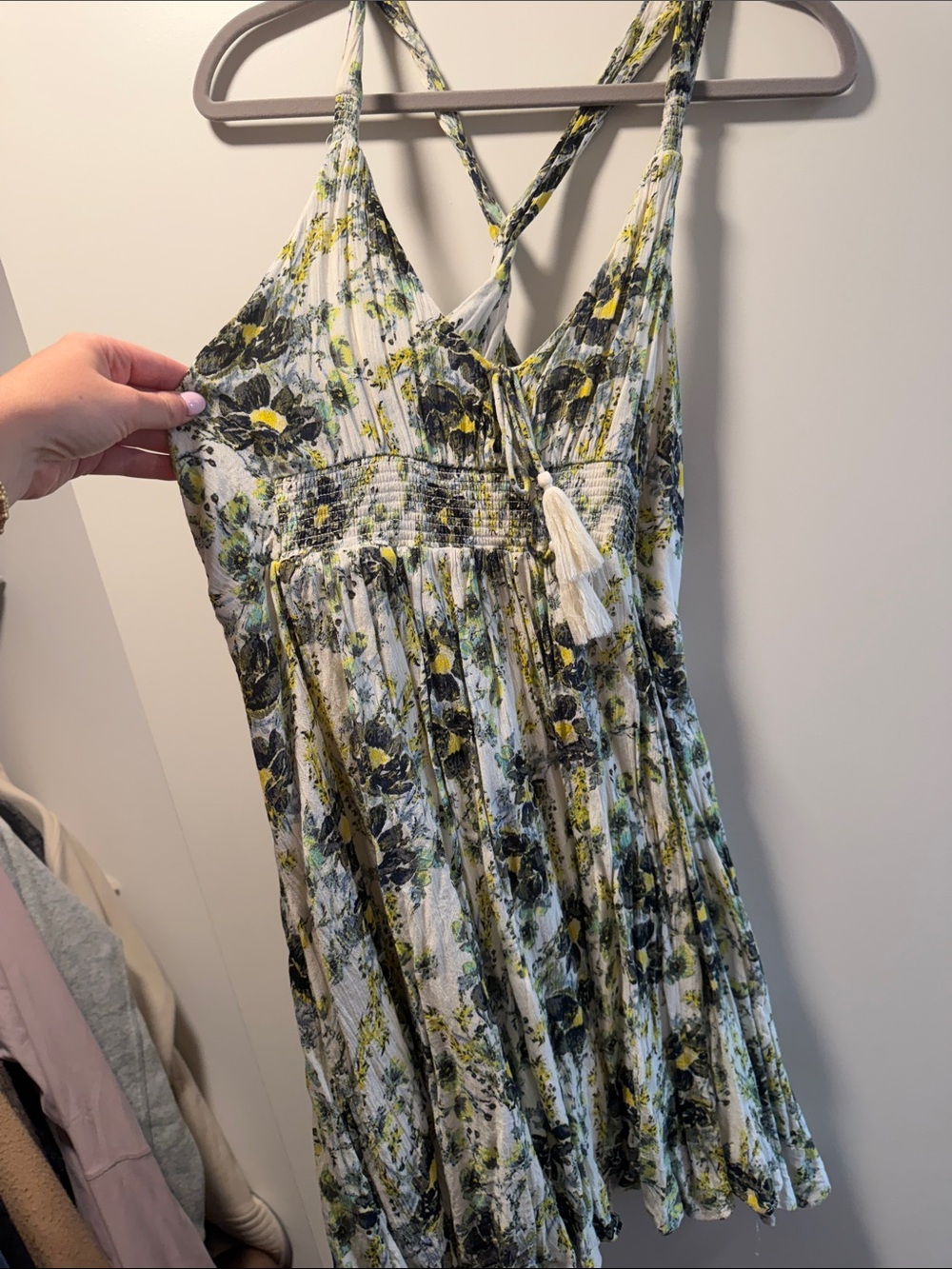 Free People White Floral Mini Dress with Yellow and Green Accents